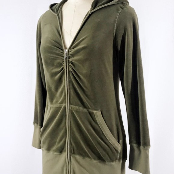 Vintage Juicy Couture Hoodie Olive Green Velour Long Y2K Zip Front Jacket - Picture 4 of 10